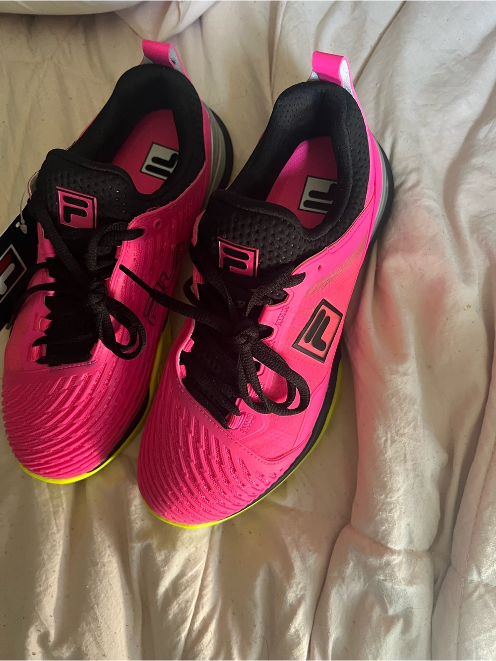 Fila Pink and Black Women's Training Sneakers with Neon Yellow Soles